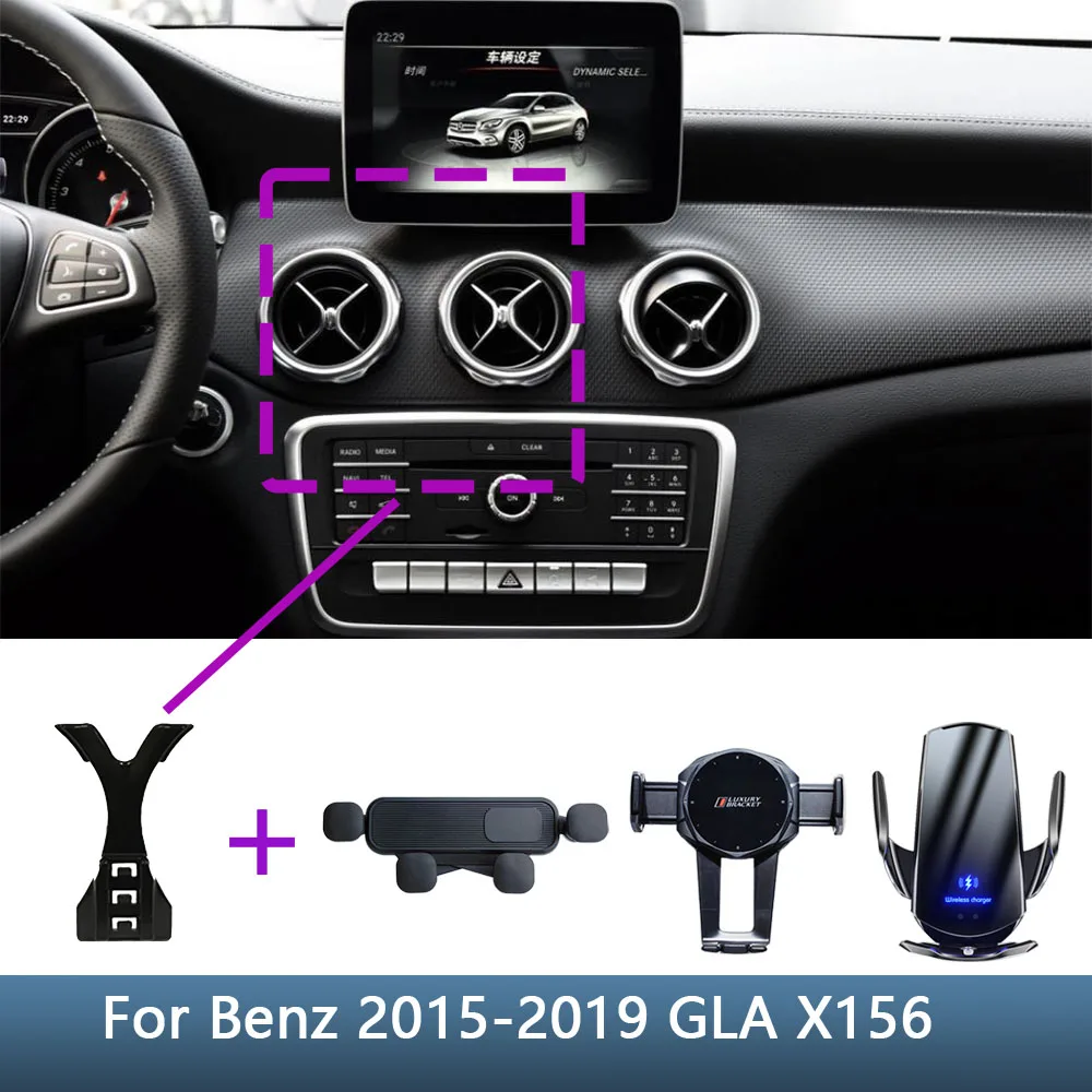 Zdjęcie Uchwyt samochodowy do telefonu komórkowego z bezprzewodowym ładowaniem dla Mercedes-Benz GLA X156 (2015-2019), CLA C117 (2013-2019) – stały wspornik, specjalna podstawa, idealny do jazdy