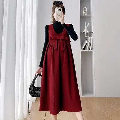 Image de Robe de Grossesse Chaud & Doux - Velours Côtelé à Nœud Papillon