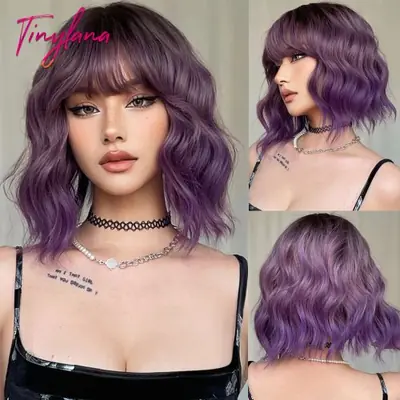 Image de Perruque Bob Gris Violet Courte avec Frange