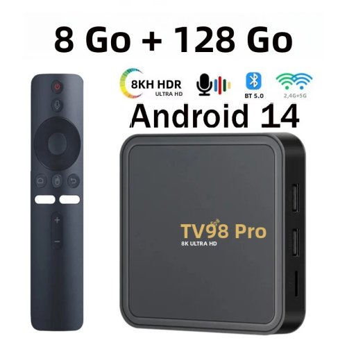 Image of TV98 Pro Android 14 TV Box with 8K/4K HDR Support, 8GB RAM + 128GB Storage, Allwinner H313 Chipset, Dual Band WiFi, 4G/5G Connectivity, Voice Remote Control, and IPTV Ready Media Player