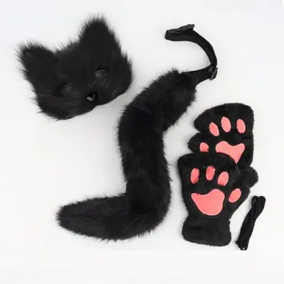 Image de Masque de Chat en Fourrure avec Queue - Costume Halloween