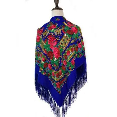 Image de Écharpe Russe Éthnique 120x120cm - Foulard Floral Rétro en Coton