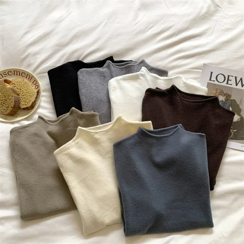 Zdjęcie Elegancki damski sweter z półgolfem w stylu Harajuku – miękka, ciepła dzianina, modny model na jesień i zimę, dopasowany kroój