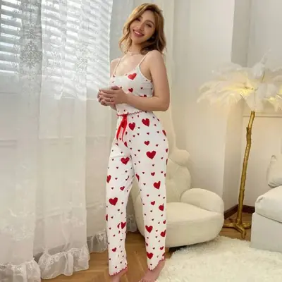 Image de Pyjama Femme Grande Taille - Gilet & Pantalon Blanc Imprimé Coeur