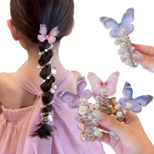 Image of Sweet Butterfly Rose Phone Line Hair Hoop for Girls – Braided Hair Rope Elastic Headwear with Cute Design