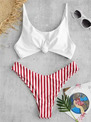 Image de Maillot de bain push-up rayé avec nœud et franges