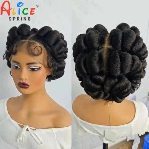 Image of Natural Color 6-Inch Transparent Full Lace Braided Wig - Short Cute Handmade Bantu Synthetic Knotless Braids Wig