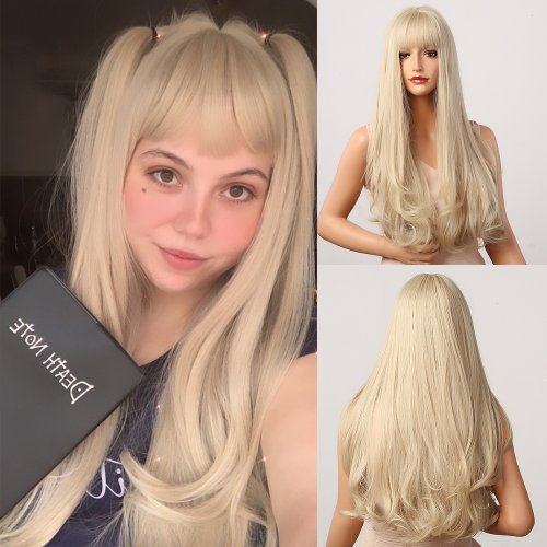 Image of Long Natural Wavy Platinum Blonde Synthetic Wig with Bangs – Heat-Resistant Fiber for Cosplay, Party, Lolita & Everyday Wear