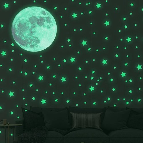 Image of 103-Piece Glow in the Dark Moon and Stars Wall Stickers for Kids' Room, Bedroom Ceiling Decor, Luminous Night Sky Decals for Home Interior Decoration