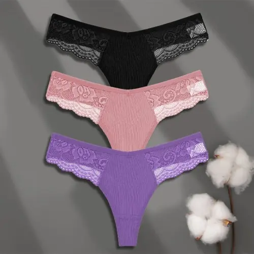 Image de Lingerie Femme 3 Pièces - String Dentelle Sexy & Respirant