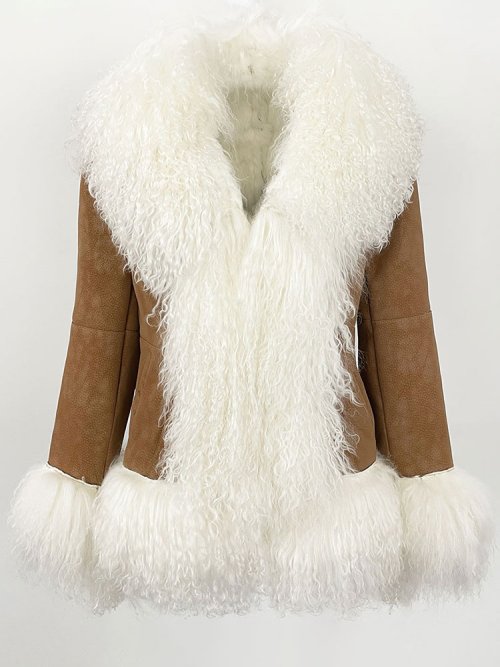 Bild von Echter Naturpelzmantel für Damen aus mongolischer Schafwolle – Wintermantel mit umklappbarem Kragen, modische und warme Überjacke für Herbst und Winter