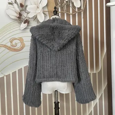 Manteau en Fourrure Véritable à Capuche pour Femme