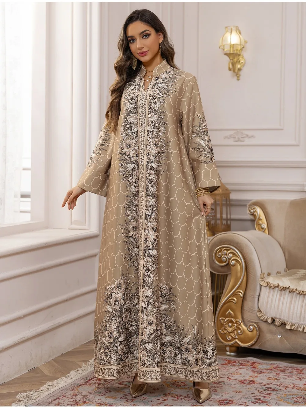 Immagine di Abito Musulmano Donna Abaya Lunga con Diamanti per Eid e Feste – Stile Arabo Dubai Marocco, Caftano Islamico Jalabiya con Stampa Elegante