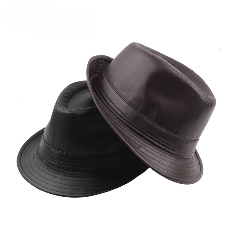 Immagine di Cappello Fedora in Pelle PU per Uomini di Mezza Età e Anziani – Stile Jazz Elegante per Autunno e Inverno, Perfetto per Tempo Libero all'Aperto
