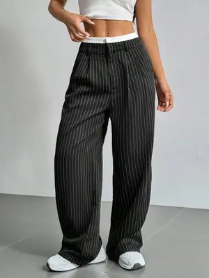 Image de Pantalon Rayé Taille Haute Femme - Style Bureau Décontracté