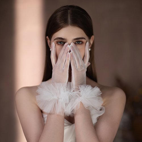 Image of Elegant White Tulle Bridal Gloves with Ruffled Edge – Soft Short Wedding Gloves for Brides, Bridesmaids, Pageants & Formal Events