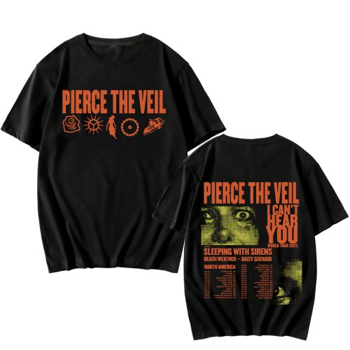 Immagine di Pierce The Veil Non posso ascoltare T-shirt del tour mondiale Due lati Magliette in cotone unisex Uomo Donna Musica Tees Rock Band Punk Top