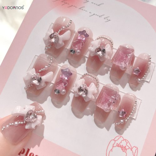 Immagine di Unghie Finte Rosa Cipria con Design Bowknot, Diamanti e Perle 3D - Stampa Sulle Punte, Bordo Liscio, Innocuo, per Donne - Kit Fai Da Te