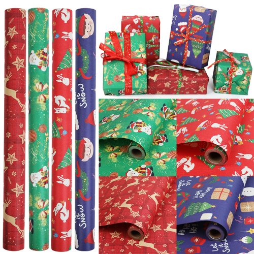 Afbeelding van 10 meter x 50 cm kerst inpakpapier rol met vrolijke cartoon kerstman en elanden – perfect voor cadeauverpakking, feestdecoratie en woonaccessoires