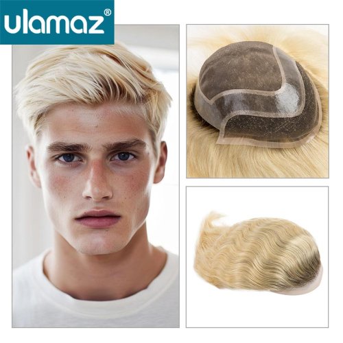 Immagine di Parrucca da uomo in pizzo mono pelle Pu attorno al parrucchino protesi per capelli maschili radici marroni con sistema di capelli biondi colorati per parrucche da uomo capelli Remy