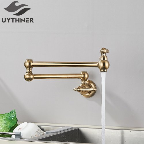 Imagen de Grifo de Cocina Giratorio en Oro Pulido, Grifo de Agua Fría para Lavabo de Latón, Montado en la Pared con Diseño Elegante y Funcional