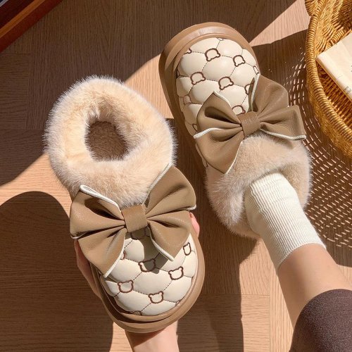 Bild von Plattform Stiefeletten weibliche Bowknot Designer Winter Schneeschuhe Indoor flauschige Hausschuhe Frauen Haus Wohnungen Mode Schuhe warm