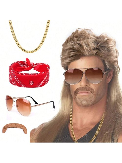 Bild von Vokuhila-Perücke, 80er- und 90er-Jahre-Outfit-Zubehör, Herren, blond, hitzebeständig, Kunsthaar, Perücken, Perücke, Sonnenbrille, Halskette, Kopftuch