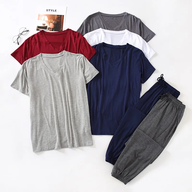 Image of Men's Japanese-Style Spring & Summer Pajama Set in Soft Modal Viscose – Short Sleeve Top & Loose Fit Trousers for Comfortable Home Wear