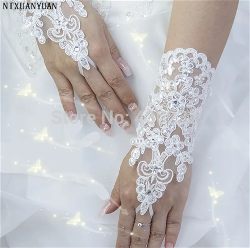 Image of Elegant Beaded Lace Satin Short Fingerless Bridal Gloves – White Ivory Wedding Accessories for a Timeless Bride