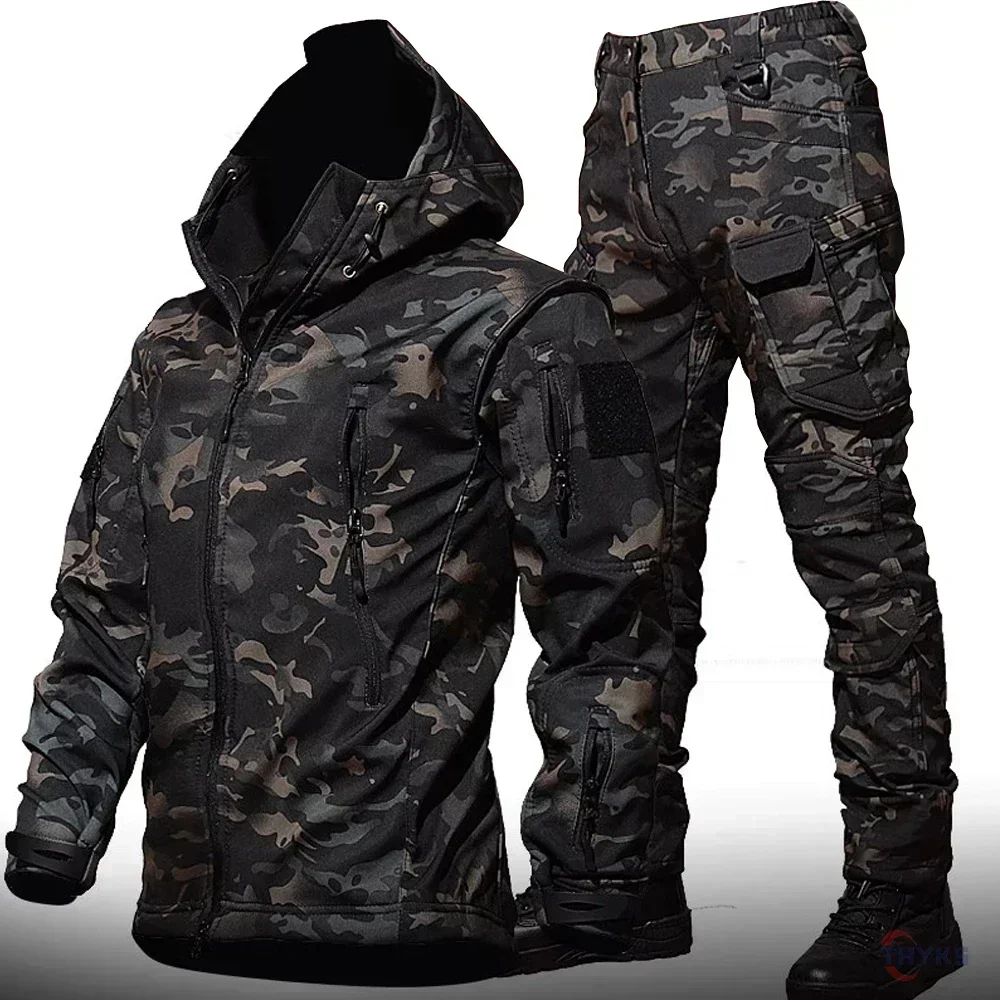 Imagen de 6XL TAD táctico hombres caza senderismo pesca explorar ropa traje camuflaje piel de tiburón caza impermeable chaqueta con capucha + Pantalones