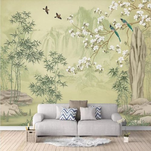 Bild von 3D Wandbild Tapete mit Bambuswald, Magnolienblüten und Vögeln – Klassische Wandmalerei für Wohnzimmer und Studie im Stil von Fresken