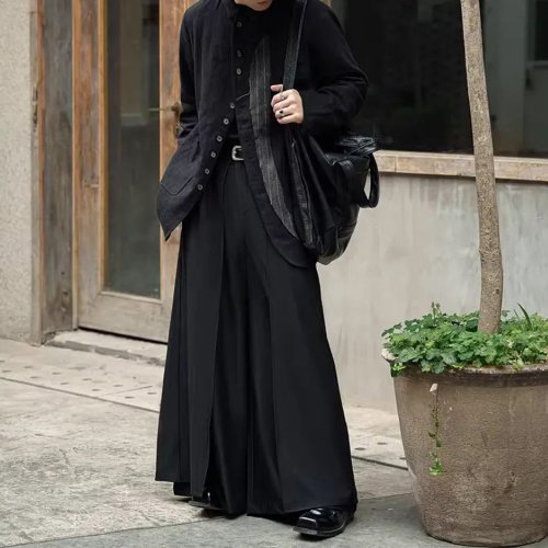 Image of Gothic-Style Double Layer Pleated Culottes for Men – Y2K Inspired Wide Leg Dark Pants Skirt, Unisex Casual Fashion