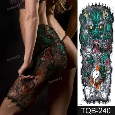 Image de Tatouage Temporaire Bras Complet - Design Toile de Mort & Lion