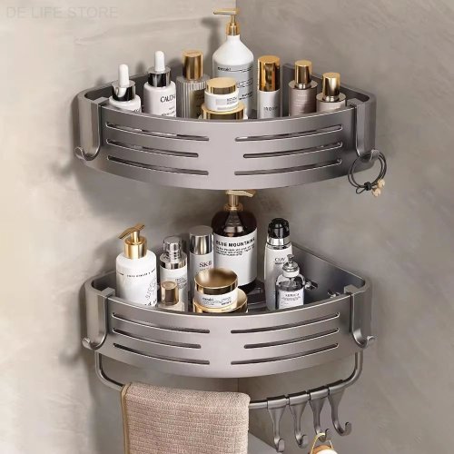 Imagen de Estante Esquinero para Baño de Aluminio con Barra de Toalla y Ganchos de Plástico – Organizador de Ducha sin Perforación, Ideal para Ahorrar Espacio en Baños Pequeños