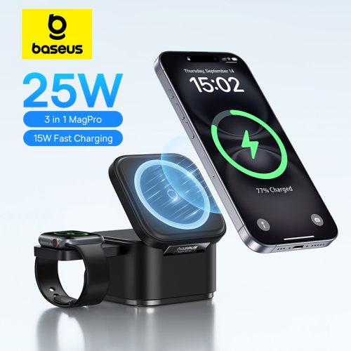 Bild von Baseus 3-in-1 Magnetischer Kabelloser Ladeständer mit 25 W Schnellladung – Kompatibel für iPhone 16, 15, 14, 13 und AirPods