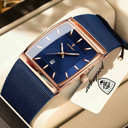Afbeelding van Poedagar Top Luxe Herenhorloge met Roestvrij Stalen Gaas, Datumweergave, Waterdicht en Lichtgevend - Casual Rechthoekig Quartz Horloge voor Mannen