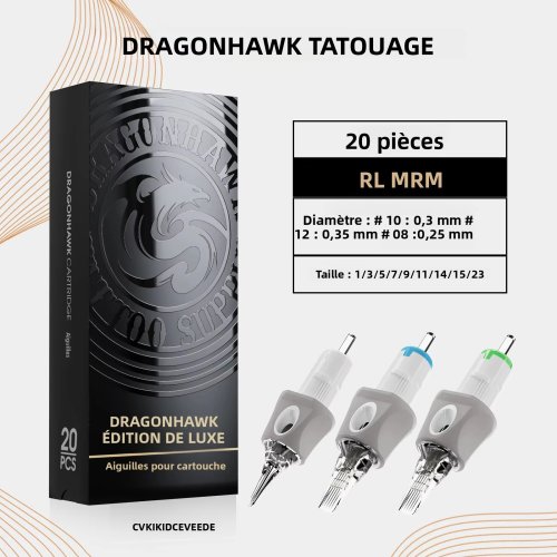Immagine di Dragonhawk Glide Extra Liscio - Aghi per Tatuaggio usa e getta, Confezione da 20 Pezzi, Cartucce per Macchine Rotanti, Ideali per Professionisti e Appassionati