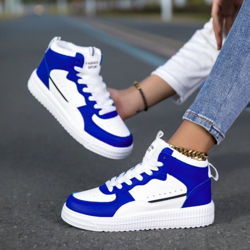 Bild von Hkdq Blaue High-Top Turnschuhe Unisex – Rutschfeste Plattform-Skateschuhe aus Leder für Herren und Damen, Lässige Sneaker für Frühling und Herbst