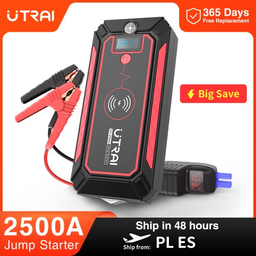 Imagen de UTRAI 2500A arrancador de batería de coche banco de energía portátil 10W cargador inalámbrico luz LED martillo de seguridad arrancador de batería de coche