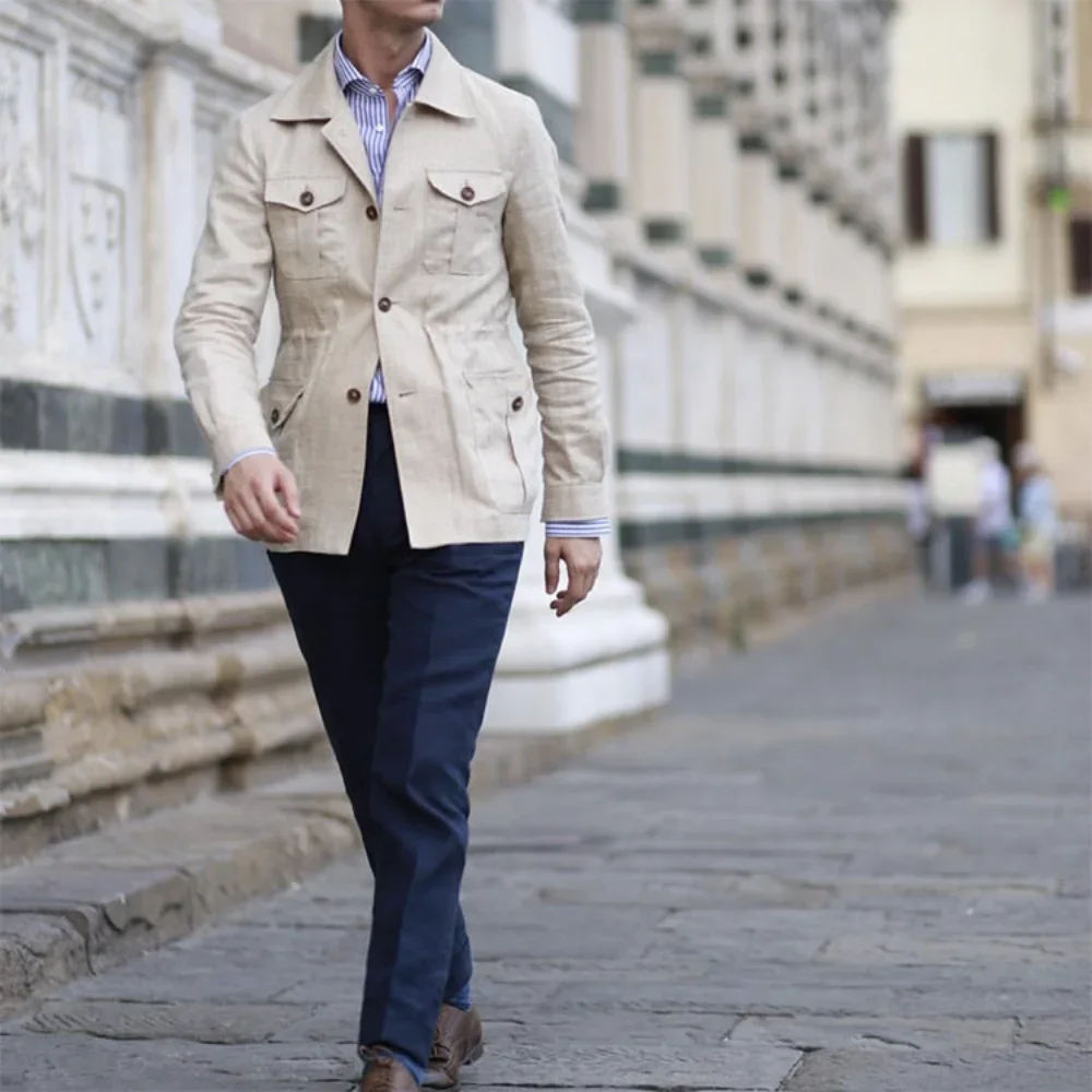 Image of Stylish British Retro Linen Safari Jacket for Men – Solid Color Gentry Coat with Pockets, Elegant Outerwear for Casual and Formal Occasions