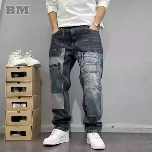 Imagen de Pantalones vaqueros de pierna recta de retales de talla grande, ropa informal japonesa con múltiples bolsillos, pantalones vaqueros ajustados de patinadora a la moda de alta calidad, novedad de 2025