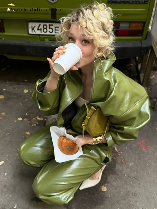 Image of Vintage Green Leather Skirts Jackets Suit Women's Slim Zipper Coat With Pocket Split Skirt 2026 New Winter Autumn Ladies Outwear