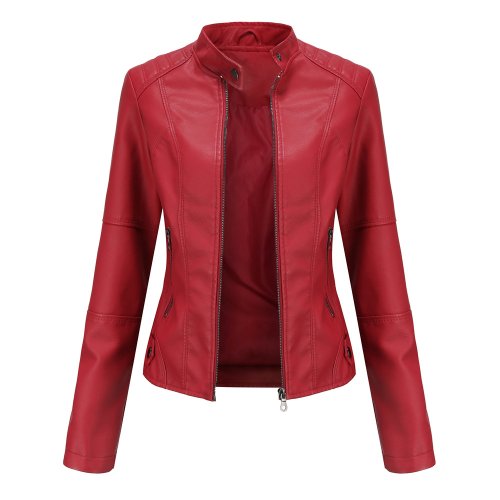 Afbeelding van Slim Fit lederen damesjack met motorpak, grote staande kraag, herfstzwarte buitenlederen top met rits