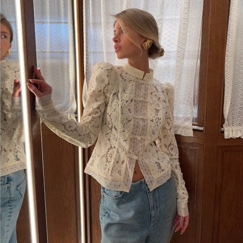 Image of Elegant Embroidered Puff Sleeve White Blouse with Sexy Hollow-Out Lace Detail – Vintage-Inspired Summer Top with Sand Collar Design