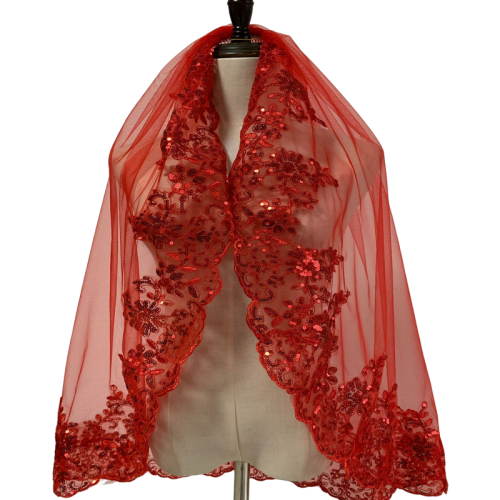 Immagine di Velo da Sposa Corto con Paillettes in Pizzo Rosso