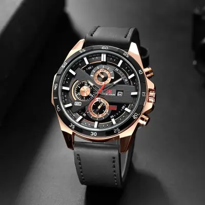 Image de Montre Homme Sportive 46mm - Noir, Rose Or & Cuir