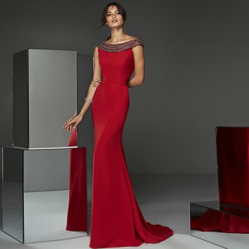 Image of Elegant Red Mermaid Beaded Mother of the Bride Dress with Boat Neck, Sleeveless Jersey Fabric and Sweep Train for Wedding Party Events