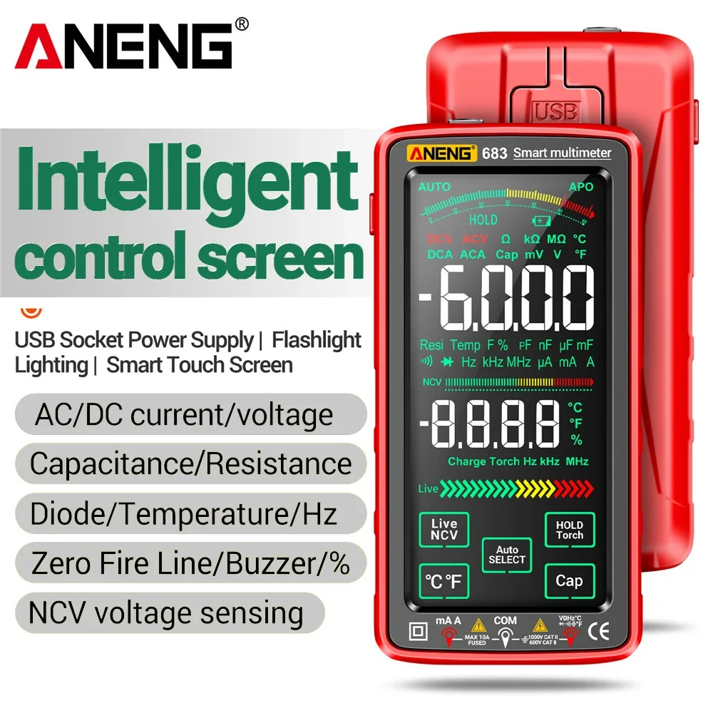 Immagine di ANENG 683 Tester multimetro intelligente Touch di fascia alta ricaricabile 6000 conteggi Multimetro Test Multitester Strumento di tensione corrente AC/DC