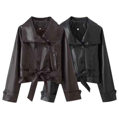 Imagen de Chaqueta de Cuero Sintético para Mujer con Cinturón, Solapa y Bolsillos, Abrigo de Manga Larga con Doble Botonadura, Estilo Vintage para Otoño
