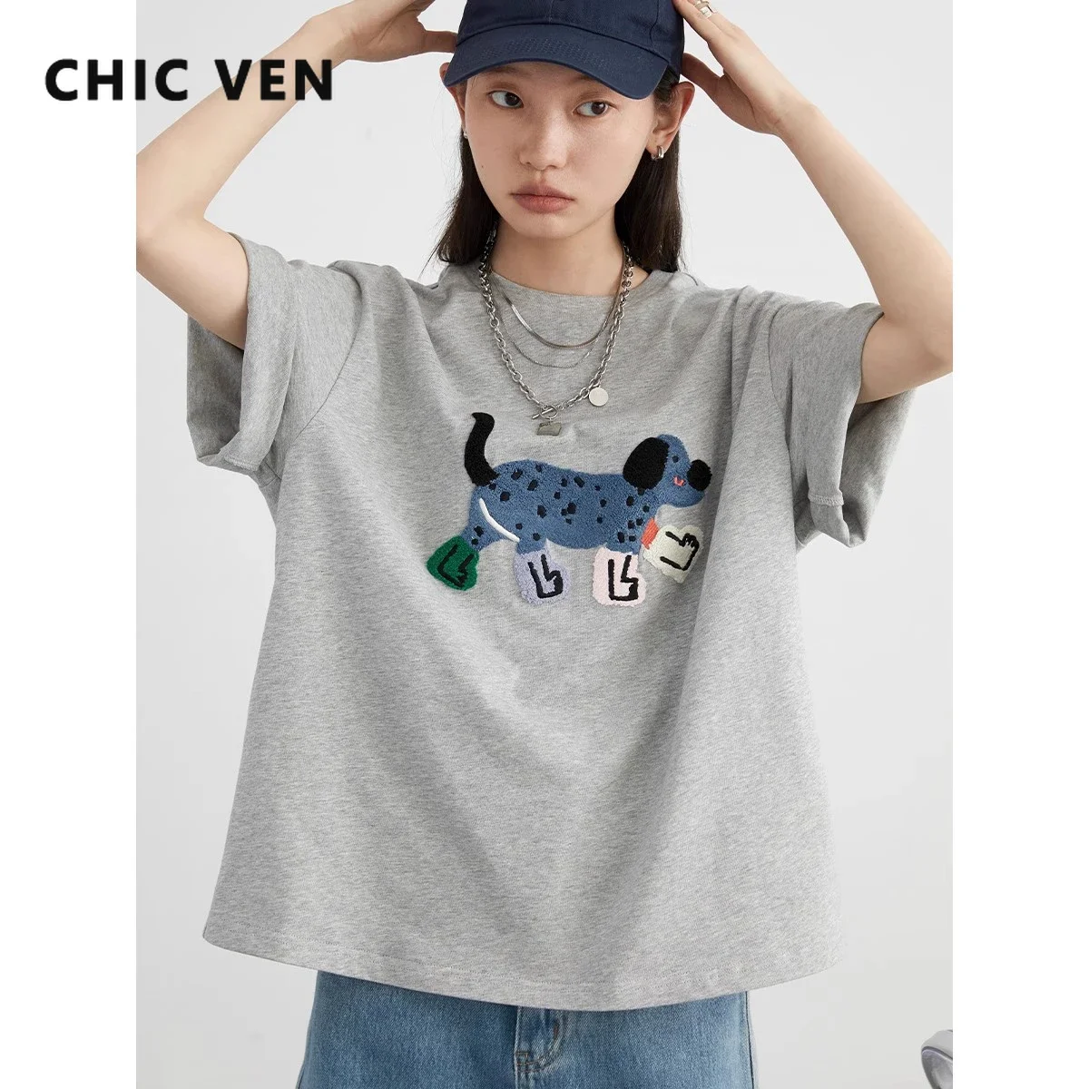 Imagen de Camisetas CHIC VEN para mujer, ropa informal suelta, camisetas Unisex divertidas con bordado de perro de manga corta de algodón para niña, Top femenino de verano 2025